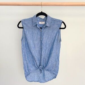 Uniqlo 100% Linen Sleeveless Blue Tank Top with Collar Button Down